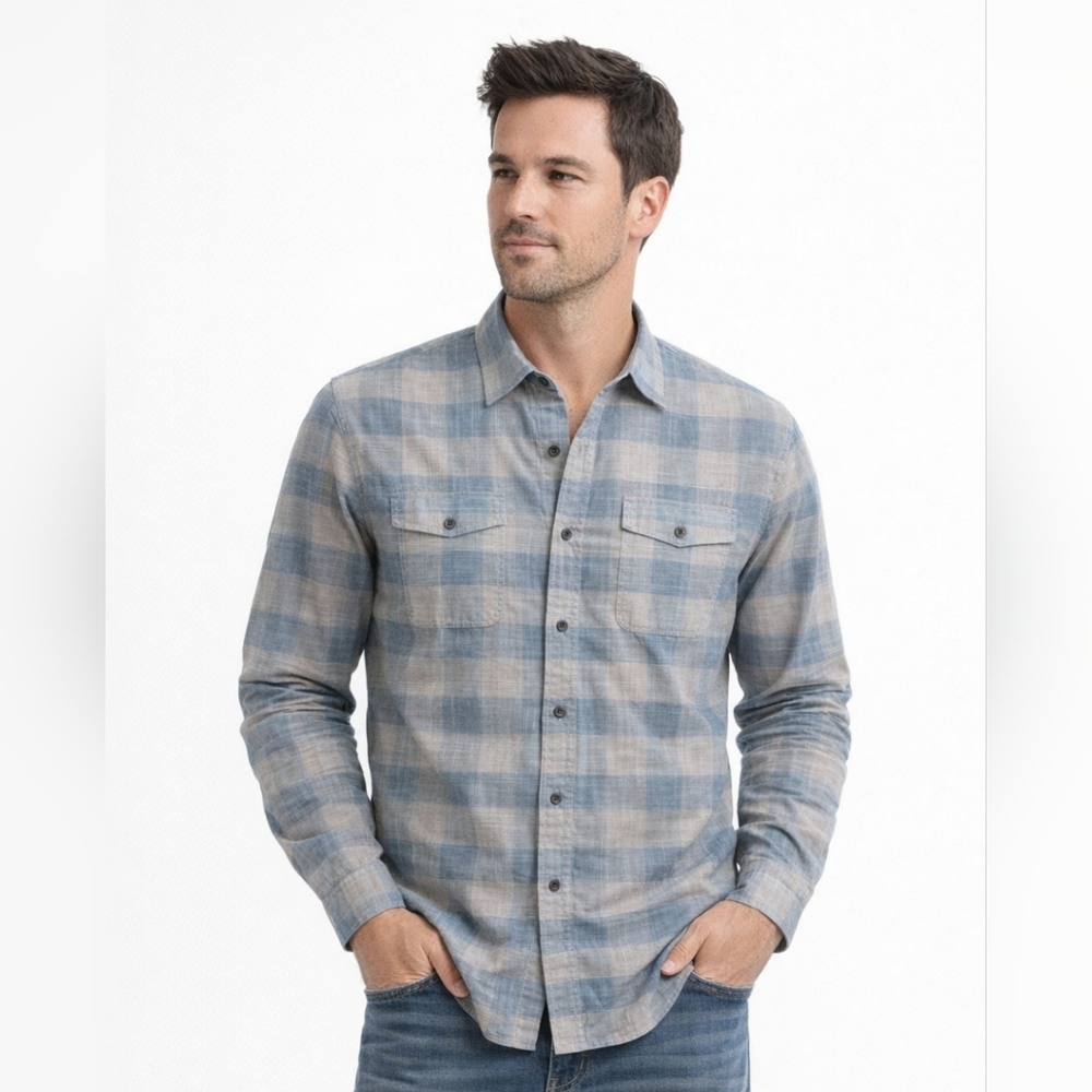 Flag & Anthem Plaid 100% Cotton Shirt Blue Gray XL Short